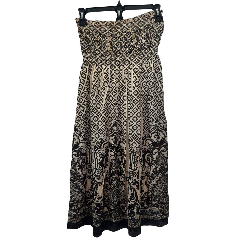 Lapis Strapless Midi Dress Womens Black Cream Paisley Sequin Smocked Boho OS